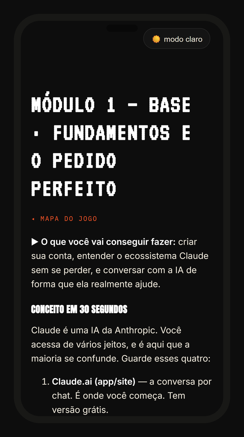 O leitor web do detonado no celular, com o botão de alternar claro e escuro