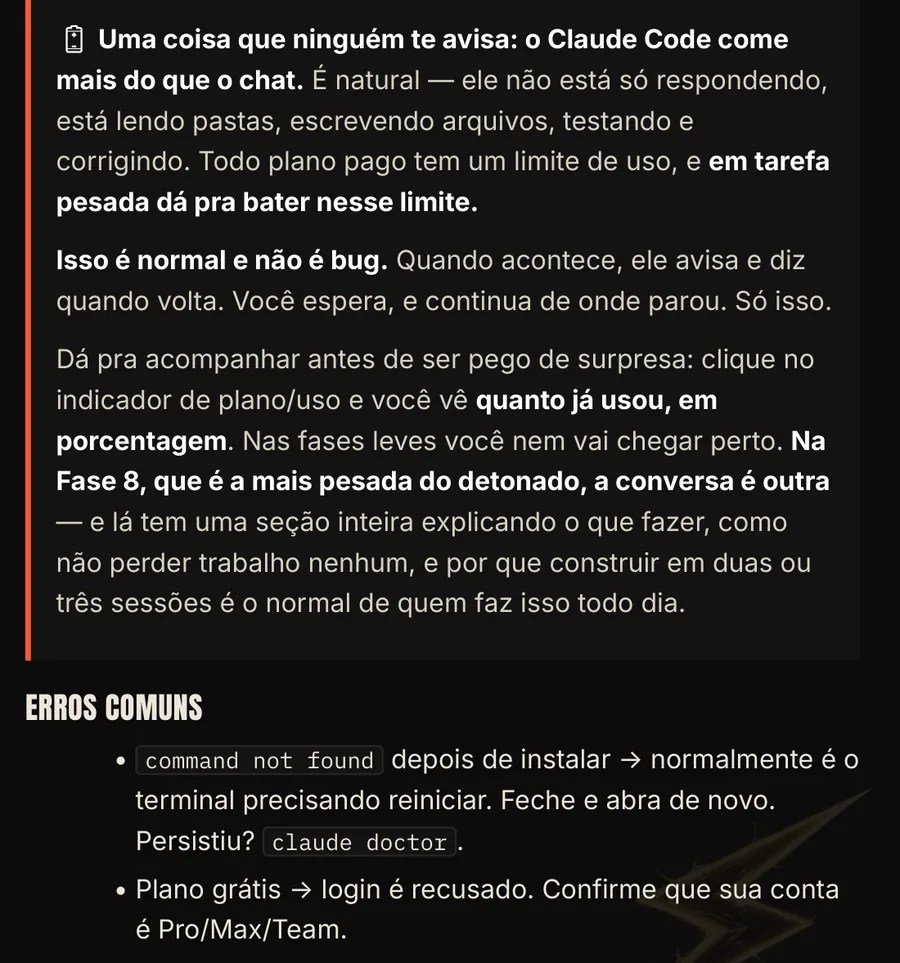 Página da Fase 2 do Detonado com os avisos que ninguém te dá e os erros comuns mapeados